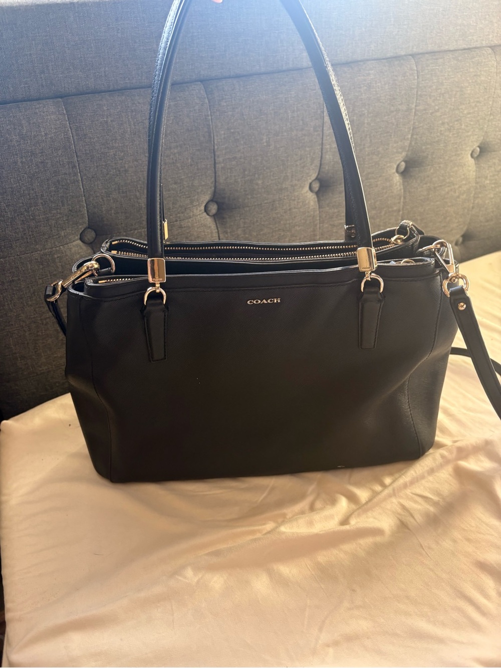 Coach Black Leather Shoulder Bag with Silver and Gold Hardware